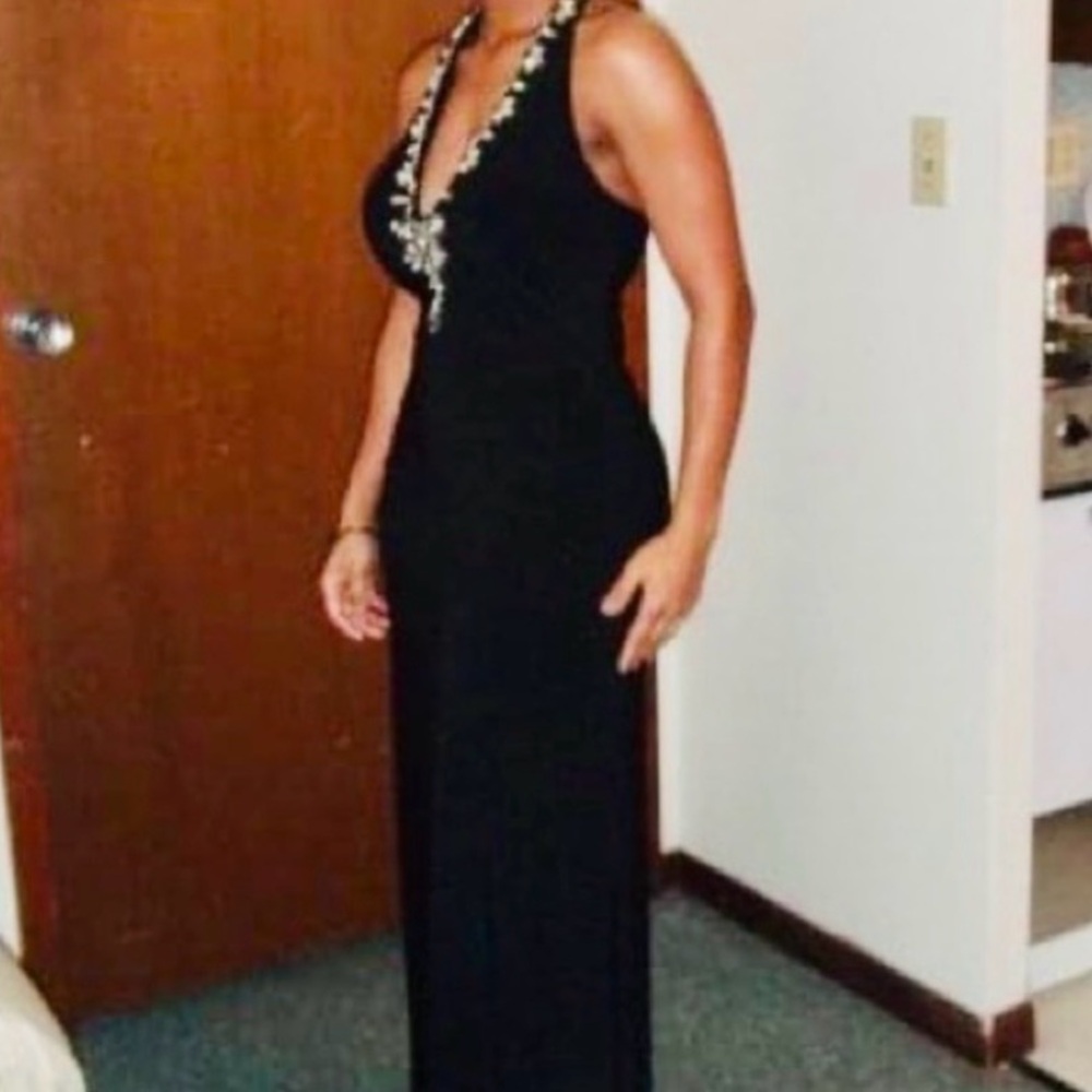 Formal Stretchy Long Black Dress Plunge Deep V Neck